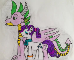 Size: 993x805 | Tagged: safe, artist:dragonpriness, rarity, spike, alicorn, dragon, earth pony, pony, unicorn, g4, female, male, older, older spike, ship:sparity, shipping, straight, traditional art