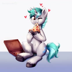 Size: 3980x4000 | Tagged: safe, artist:confetticakez, oc, oc only, pony, unicorn, eating, food, heart, looking at you, one eye closed, pizza, smiling, solo, underhoof