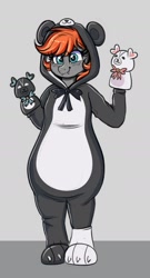 Size: 1068x1974 | Tagged: safe, artist:confetticakez, oc, oc only, bat pony, bear, anthro, animal costume, blushing, bow, clothes, costume, kigurumi, kuma kuma kuma bear, puppet, smiling, solo