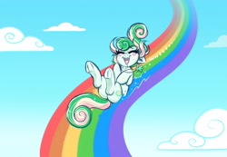 Size: 2888x2000 | Tagged: safe, artist:confetticakez, sweetie belle, oc, oc only, oc:lucky charm, earth pony, pony, blushing, butt, cute, eyes closed, happy, high res, ocbetes, open mouth, palindrome get, plot, rainbow, sketch, smiling, solo, underhoof