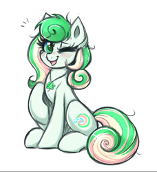 Size: 476x522 | Tagged: safe, artist:confetticakez, oc, oc only, oc:lucky charm, earth pony, pony, blushing, looking at you, one eye closed, sketch, smiling, solo, wink