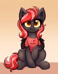 Size: 2378x3000 | Tagged: safe, artist:confetticakez, oc, oc only, oc:strawberry stylus, bat pony, pony, clothes, fangs, high res, looking at you, shirt, smiling, solo