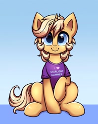 Size: 2378x3000 | Tagged: safe, artist:confetticakez, oc, oc only, oc:sunlight bolt, pony, unicorn, clothes, high res, looking at you, shirt, smiling, solo