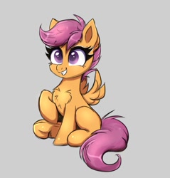 Size: 1913x2000 | Tagged: safe, artist:confetticakez, scootaloo, pegasus, pony, g4, chest fluff, cute, cutealoo, feathered wings, female, filly, frog (hoof), gray background, happy, hoofbutt, simple background, sitting, smiling, solo, spread wings, sweet dreams fuel, underhoof, wings