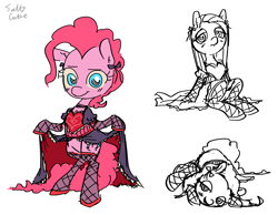 Size: 2284x1768 | Tagged: safe, artist:saltycube, derpibooru exclusive, pinkie pie, earth pony, pony, g4, bipedal, clothes, dress, female, fishnet stockings, looking at you, lying down, mare, pinkamena diane pie, ribbon, simple background, sitting, sketch, solo, standing, white background