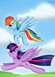 Size: 2480x3507 | Tagged: safe, artist:twidasher, rainbow dash, twilight sparkle, alicorn, pegasus, pony, g4, cloud, duo, feather, female, flying, high res, lesbian, looking at each other, mare, ship:twidash, shipping, signature, sky, twilight sparkle (alicorn)