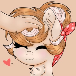 Size: 1000x1000 | Tagged: safe, artist:splashofsweet, oc, oc only, oc:cinnamon spangled, earth pony, human, pony, :3, chest fluff, eyes closed, hand, happy, heart, offscreen character, petting, smiling