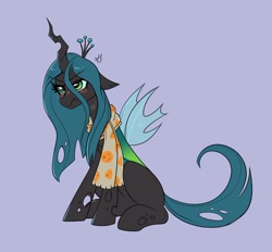 Size: 2034x1889 | Tagged: safe, artist:confetticakez, queen chrysalis, changeling, changeling queen, pony, g4, blushing, clothes, cross-popping veins, cute, cutealis, emanata, female, frown, scarf, simple background, sitting, solo, spread wings, wavy mouth, wings