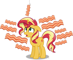 Size: 6660x5465 | Tagged: safe, artist:anime-equestria, sunset shimmer, pony, unicorn, g4, adorable distress, bacon, bacon hair, confused, cute, female, food, hook, looking up, mare, meat, simple background, solo, transparent background, vector
