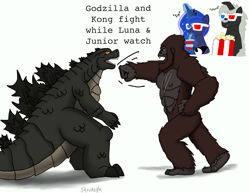 Size: 3300x2550 | Tagged: safe, artist:lordshrekzilla20, princess luna, ape, kaiju, kaiju pony, pony, g4, 3d glasses, drink, fight, food, godzilla, godzilla (series), godzilla junior, godzilla vs kong, high res, king kong, ponified, popcorn