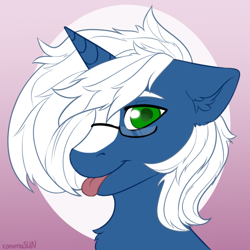 Size: 700x700 | Tagged: safe, artist:xommasun, oc, oc only, oc:passi deeper, pony, unicorn, abstract background, bust, colored pupils, cute, femboy, floppy ears, glasses, gradient background, green eyes, horn, looking at you, male, ocbetes, portrait, smiling, solo, stallion, tongue out, unicorn oc