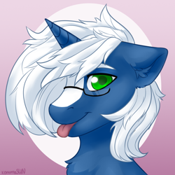 Size: 700x700 | Tagged: safe, artist:xommasun, oc, oc only, oc:passi deeper, pony, unicorn, abstract background, bust, colored pupils, femboy, floppy ears, glasses, gradient background, green eyes, horn, looking at you, male, portrait, smiling, solo, stallion, tongue out, unicorn oc