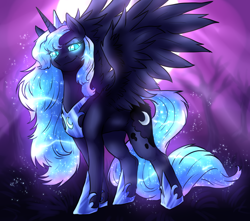 Size: 1132x1000 | Tagged: safe, artist:not-ordinary-pony, derpibooru exclusive, nightmare moon, princess luna, alicorn, pony, ethereal mane, female, glowing eyes, glowing mane, mare, night, nightmare luna, smiling, smirk, solo, spread wings, starry mane, wings
