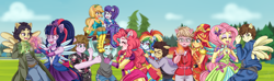 Size: 4700x1400 | Tagged: safe, artist:lucy-tan, applejack, fluttershy, pinkie pie, rainbow dash, rarity, sci-twi, sunset shimmer, twilight sparkle, equestria girls, g4, my little pony equestria girls: legend of everfree, boots, brand, camp, chunk, clothes, commission, cowboy boots, crossover, crystal guardian, crystal wings, data, equestria girls-ified, high heel boots, humane five, humane seven, humane six, mikey, mouth, ponied up, shoes, stef, super ponied up, the goonies, wings