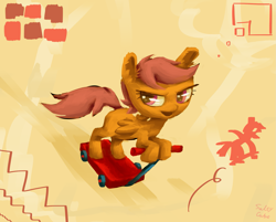 Size: 1899x1527 | Tagged: safe, artist:saltycube, derpibooru exclusive, scootaloo, pegasus, pony, g4, abstract background, female, filly, scooter, skateboard, solo