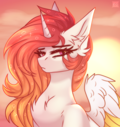 Size: 2036x2160 | Tagged: safe, artist:elektra-gertly, princess celestia, alicorn, pony, g4, chest fluff, ear fluff, female, high res, looking at you, mare, solo, sun, sunset, wing fluff