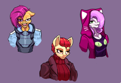 Size: 1444x1000 | Tagged: safe, artist:hc0, apple bloom, scootaloo, sweetie belle, anthro, g4, clothes, cutie mark crusaders, hoodie, older, sweater