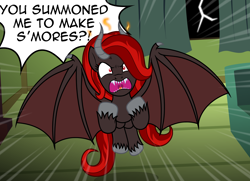Size: 3120x2264 | Tagged: safe, artist:badumsquish, derpibooru exclusive, part of a set, oc, oc only, oc:kim stone, bat pony, demon, demon pony, monster pony, original species, pony, action lines, angry, bat wings, couch, curtains, darkness, demon wings, dialogue, dutch angle, female, fire, forked tongue, glare, high res, horns, lightning, looking at you, ponytail, red eyes, screaming, sharp teeth, solo, storm, sweeping, talking to viewer, tantrum, teeth, unshorn fetlocks, window, wings, yelling
