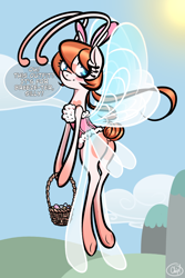 Size: 800x1200 | Tagged: safe, artist:plaguemare, oc, oc only, oc:chip breeze, breezie, animal costume, antennae, blushing, body markings, breezie oc, bunny costume, bunny ears, clothes, corset, costume, easter, easter bunny, easter egg, egg, eyelashes, female, holiday, lingerie, mare, smiling, solo, wings