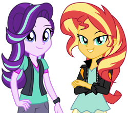 Size: 5200x4600 | Tagged: safe, alternate version, artist:emeraldblast63, starlight glimmer, sunset shimmer, equestria girls, g4, accurate, alternate hairstyle, clothes, duo, duo female, female, looking at you, redesign, simple background, smiling, transparent background