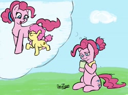 Size: 2732x2048 | Tagged: safe, artist:datzigga, li'l cheese, pinkie pie, earth pony, pony, g4, the last problem, colt, cup, elderly, female, high res, male, mare, mother and child, mother and son, older, older pinkie pie, smiling, thought bubble