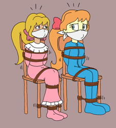 Size: 1470x1619 | Tagged: safe, artist:bugssonicx, megan williams, human, equestria girls, g1, g4, arm behind back, bondage, bound and gagged, cloth gag, clothes, duality, duo, duo female, female, footed sleeper, footie pajamas, gag, generational ponidox, help us, kidnapped, long dress, long skirt, nightgown, onesie, over the nose gag, pajamas, skirt, socks, stocking feet, tied to chair, tied up