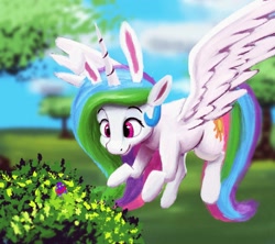 Size: 1999x1772 | Tagged: safe, artist:phutashi, princess celestia, alicorn, pony, g4, bunny ears, bush, cute, cutelestia, easter, easter bunny, easter egg, easter egg hunt, egg, female, flying, holiday, looking at something, looking down, mare, midair, outdoors, smiling, solo, spread wings, three quarter view, tree, wings