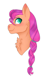 Size: 948x1500 | Tagged: safe, artist:wispyaxolotl, sunny starscout, earth pony, pony, g5, blushing, braid, bust, cheek fluff, chest fluff, female, mare, portrait, simple background, smiling, solo, transparent background