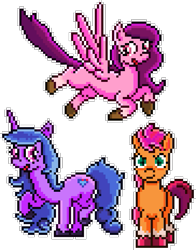 Size: 455x580 | Tagged: safe, artist:8-bitbrony, izzy moonbow, pipp petals, sunny starscout, earth pony, pegasus, pony, unicorn, g5, female, mare, pixel art, raised hoof, red eyes, red-eyed pipp, simple background, spread wings, transparent background, trio, unshorn fetlocks, wings