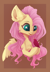 Size: 1280x1835 | Tagged: safe, artist:justeuge, fluttershy, bird, pegasus, pony, g4, bust, cheek fluff, chest fluff, cute, ear fluff, female, hoof hold, looking at each other, looking at someone, looking down, mare, open mouth, portrait, shyabetes, smiling, solo, spread wings, three quarter view, wings