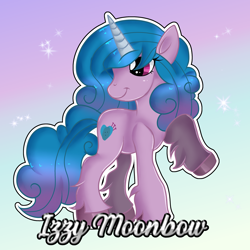 Size: 3000x3000 | Tagged: safe, artist:doraeartdreams-aspy, izzy moonbow, pony, unicorn, g5, female, gradient background, high res, looking back, mare, raised hoof, signature, smiling, solo, sparkles, text, unshorn fetlocks