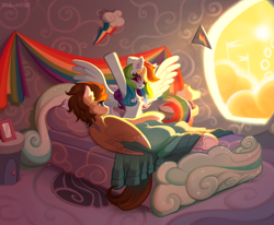 Size: 4500x3712 | Tagged: safe, artist:rrd-artist, rainbow dash, oc, oc:skittle, pegasus, pony, g4, absurd resolution, bed, bedroom, canon x oc, cloud, commission, female, looking at each other, male, mare, morning, morning ponies, rainbow dash's bedroom, rainbow dash's house, shipping, skidash, smiling, spread wings, stallion, straight, stretching, wings