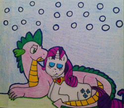 Size: 1455x1272 | Tagged: safe, artist:dragonpriness, rarity, spike, pony, g4, female, male, older, older spike, ship:sparity, shipping, straight, traditional art