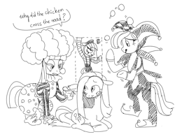 Size: 1000x796 | Tagged: safe, anonymous artist, limestone pie, marble pie, maud pie, pinkie pie, earth pony, pony, g4, bipedal, black and white, cheering up, clown, clown makeup, drawthread, female, grayscale, jester, joke, juggling, mime, monochrome, pie sisters, pinkamena diane pie, requested art, sibling love, siblings, simple background, sisterly love, sisters, teary eyes, white background