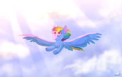 Size: 3000x1900 | Tagged: safe, artist:glitterstar2000, rainbow dash, pegasus, pony, g4, cloud, crepuscular rays, female, flying, large wings, mare, solo, spread wings, wings