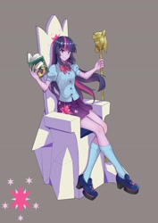 Size: 2480x3508 | Tagged: safe, artist:afu, twilight sparkle, equestria girls, g4, book, clothes, cutie mark, daring do and the sapphire statue, daring do book, female, friendship throne, high res, looking at you, pixiv, scepter, shoes, sitting, socks, solo, throne, twilight scepter