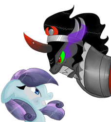 Size: 1842x2022 | Tagged: safe, artist:lovelye, king sombra, sapphire joy, crystal pony, pony, unicorn, g4, angry, ears back, intimidating, looking at each other, scared