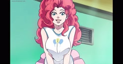 Size: 2776x1445 | Tagged: safe, artist:traupa, pinkie pie, equestria girls, equestria girls series, forgotten friendship, g4, anime, anime style, breasts, busty pinkie pie, cleavage, diamond is unbreakable, human coloration, jojo's bizarre adventure, looking at you, open mouth