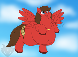 Size: 1801x1321 | Tagged: safe, artist:jouigidragon, oc, oc only, oc:redbow rose, pegasus, pony, belly, fat, flying, jewelry, necklace, obese, pegasus oc, smiling, spread wings, wings