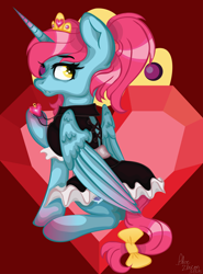 Size: 2108x2846 | Tagged: safe, artist:ziricorn, oc, oc only, oc:empress lace, alicorn, pony, alicorn oc, bow, clothes, high res, horn, jewelry, looking back, maid, pendant, ponytail, sitting, solo, wings