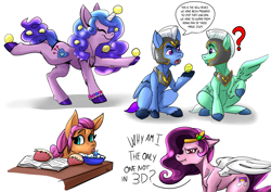 Size: 4961x3508 | Tagged: safe, artist:mekblue, izzy moonbow, pipp petals, sunny starscout, thunder (g5), zoom zephyrwing, earth pony, pegasus, pony, unicorn, g5, my little pony: a new generation, spoiler:my little pony: a new generation, armor, ball, book, bowl, dialogue, eyes closed, female, floppy ears, funny, guard, guards, high res, horn, horn guard, horn impalement, hornball, izzy's tennis ball, licking, looking at each other, looking at you, looking back, male, mare, open mouth, question mark, royal guard, simple background, sitting, speech bubble, stallion, stars, table, tennis ball, tennis balls, that pony sure does love tennis balls, tongue out, unamused, unshorn fetlocks, white background