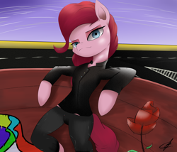 Size: 5016x4299 | Tagged: safe, artist:guatergau5, pinkie pie, earth pony, semi-anthro, g4, arm hooves, clothes, flower, looking at you, pose, rose, solo