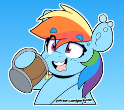 Size: 4000x3561 | Tagged: safe, artist:partypievt, rainbow dash, pegasus, pony, g4, blushing, bubble, cider, cross-popping veins, drool, drunk, drunker dash, eye clipping through hair, eyebrows, eyebrows visible through hair, go home you're drunk, gradient background, mug, patreon, solo, stein, sticker, tipsy, white outline