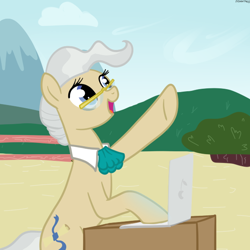 Size: 600x600 | Tagged: safe, artist:hudoyjnik, mayor mare, earth pony, pony, g4, computer, day, female, laptop computer, looking up, mare, solo, vector