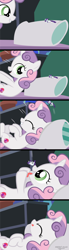 Size: 1100x4000 | Tagged: safe, artist:shelikof launch, derpibooru exclusive, rarity, sweetie belle, pony, unicorn, g4, adult, bed, comic, cute, diasweetes, endosoma, eyes closed, female, filly, filly pred, licking, licking lips, lying down, mare, mare prey, micro, non-fatal vore, oral invitation, pillow, rariprey, salivating, show accurate, sibling vore, size difference, sleeping, slimy, swallowing, sweetiepred, taste buds, throat bulge, tongue out, vore
