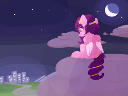 Size: 2000x1500 | Tagged: safe, artist:rhythmpixel, pipp petals, pegasus, pony, g5, city, cloud, crescent moon, female, mare, moon, night, red eyes, red-eyed pipp, sitting, solo