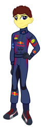 Size: 565x1679 | Tagged: safe, artist:gmaplay, equestria girls, g4, driver, energy drink, f1, formula 1, max verstappen, racing, racing suit, red bull, simple background, solo, transparent background