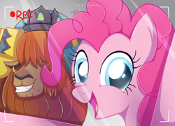 Size: 1024x737 | Tagged: safe, artist:nnaly, pinkie pie, prince rutherford, earth pony, pony, yak, g4, camera shot, duo, female, grin, male, mare, recording, selfie, smiling