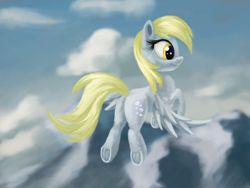 Size: 4000x3000 | Tagged: safe, artist:flusanix, derpy hooves, pegasus, pony, g4, butt, cloud, female, flying, mare, mountain, mountain range, plot, sky, solo