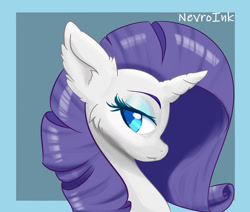 Size: 1280x1084 | Tagged: safe, artist:inkypuso, part of a set, rarity, pony, unicorn, g4, blue background, bust, cheek fluff, colored pupils, ear fluff, female, lidded eyes, mare, portrait, profile, signature, simple background, smiling, solo